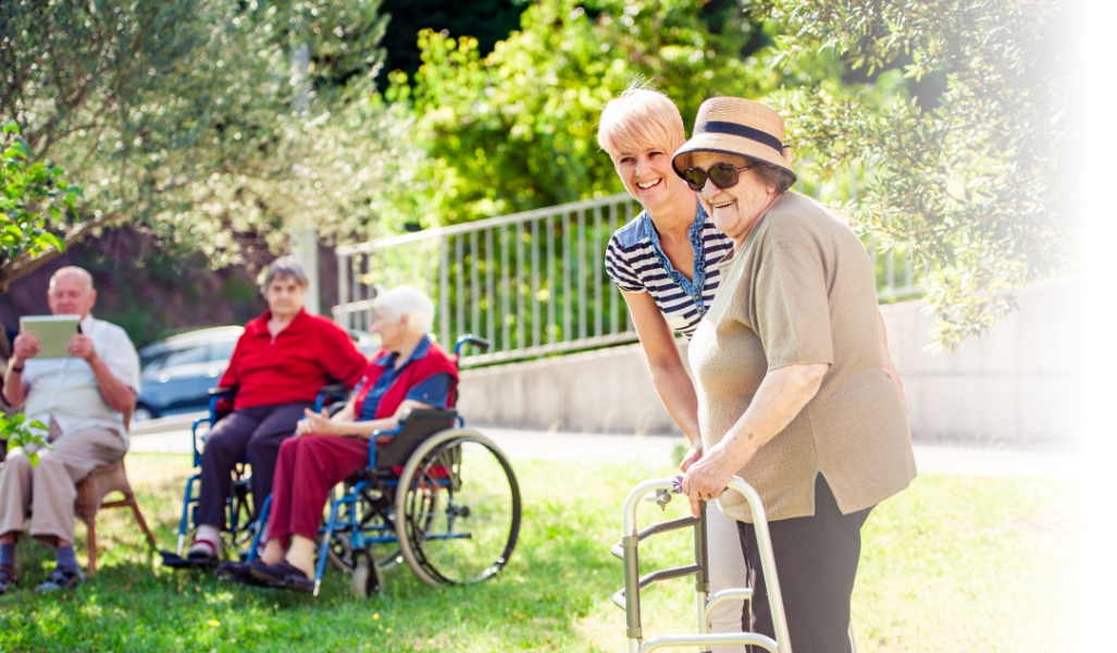 Liberty Park residents enjoying a sunny day outside